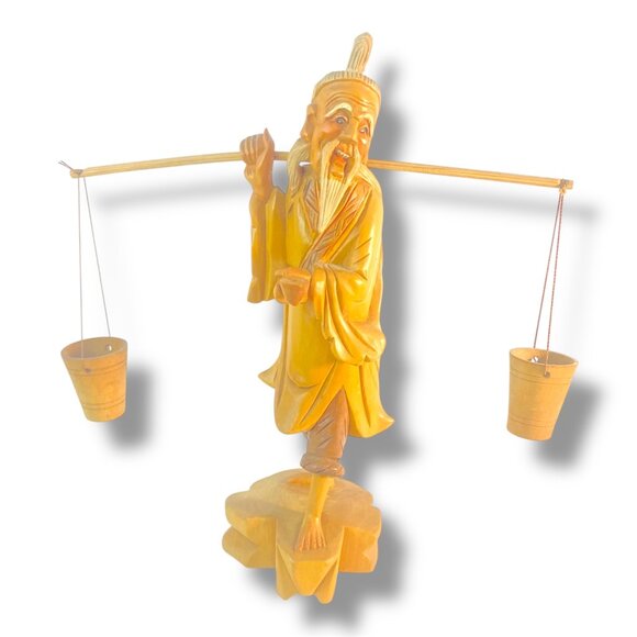 Vintage Hand Carved Wooden Asian Carrying Water Figurine Chinese Sculpture 10" - Picture 1 of 16